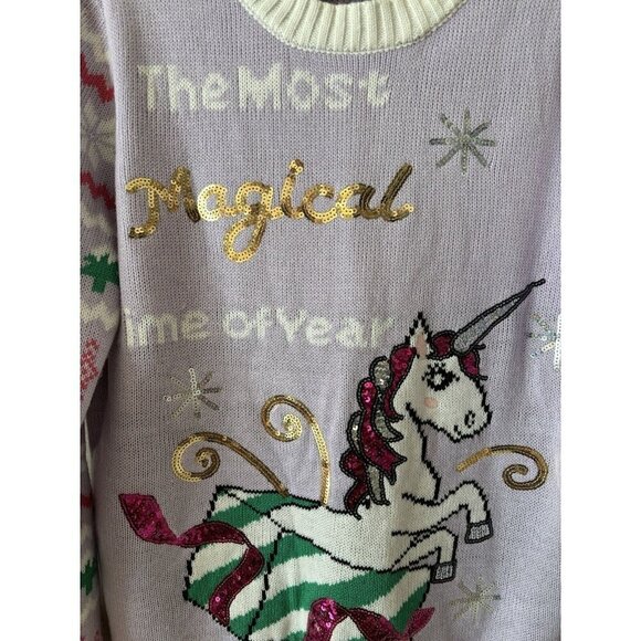 NWT Joe Boxer Juniors Size L Purple Unicorn Sweater Christmas Sequin - Picture 2 of 5